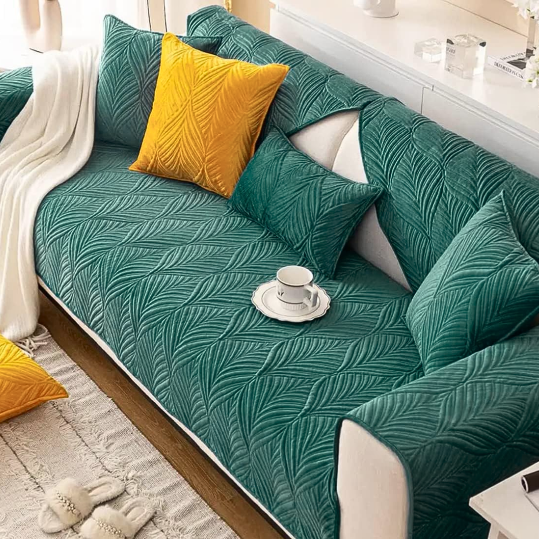 ANTI SKID PALM LEAVES QUILTED SOFA MAT - GREEN