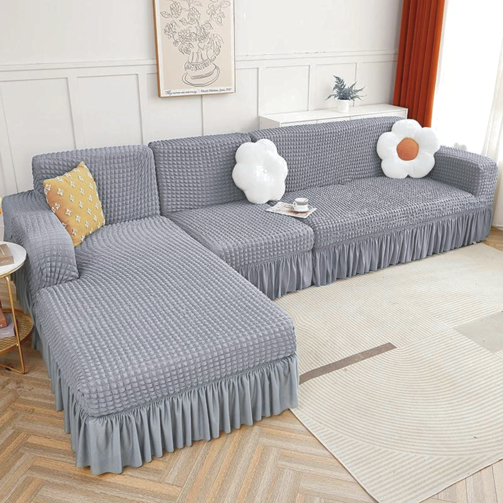 2024 L Shape Turkish Bubble Frill Sofa Covers : Light Grey