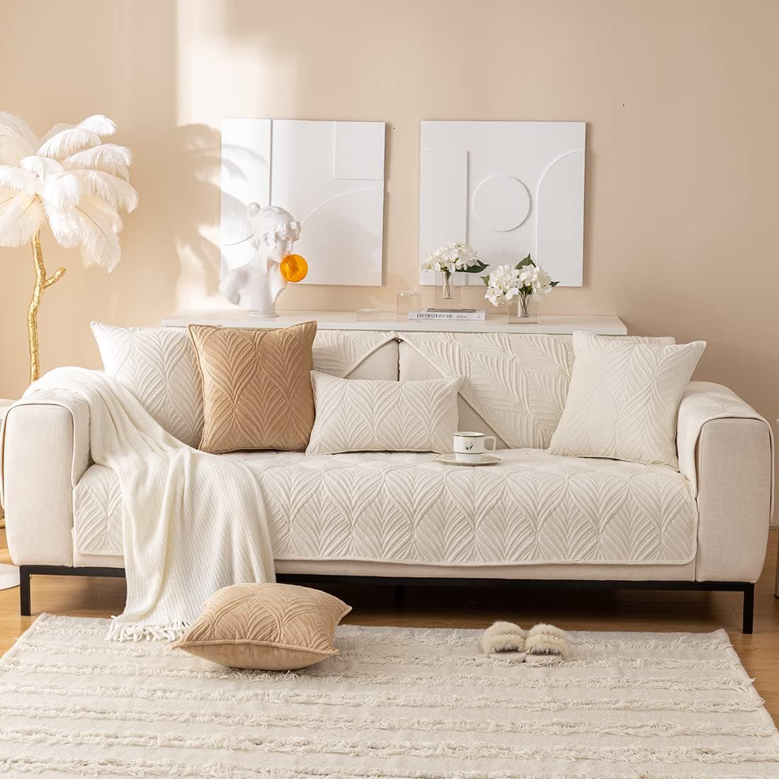 ANTI SKID PALM LEAVES QUILTED SOFA MAT - IVORY