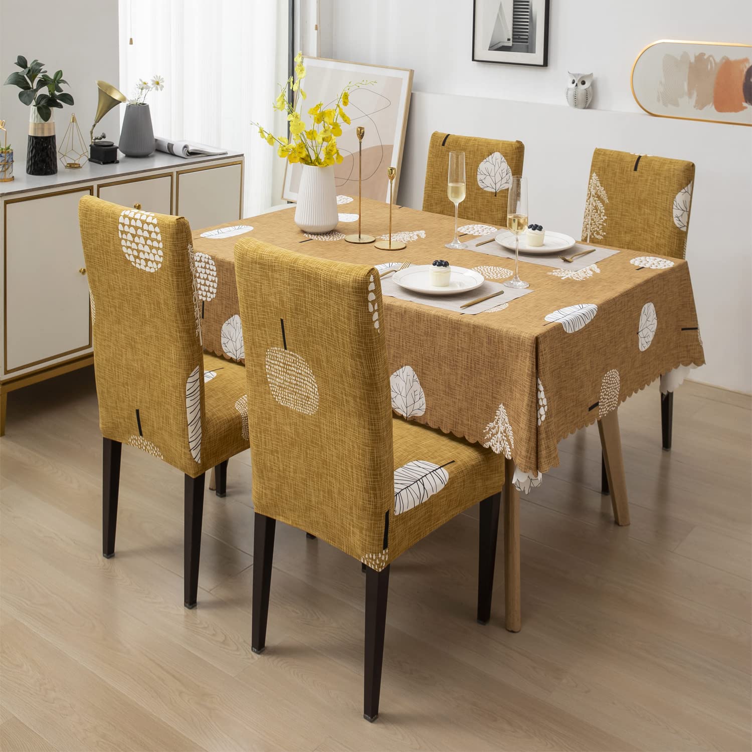 Premium Dining Table & Chair Cover Combo - Mustard Leaf