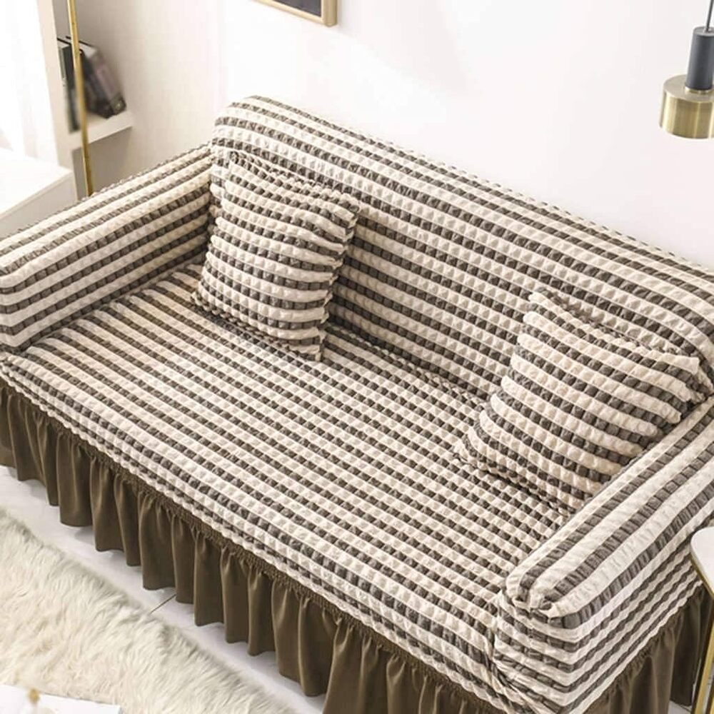 2026 Turkish Bubble Frill Sofa Covers : Beige Brown Stripe