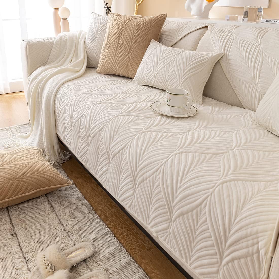 ANTI SKID PALM LEAVES QUILTED SOFA MAT - IVORY