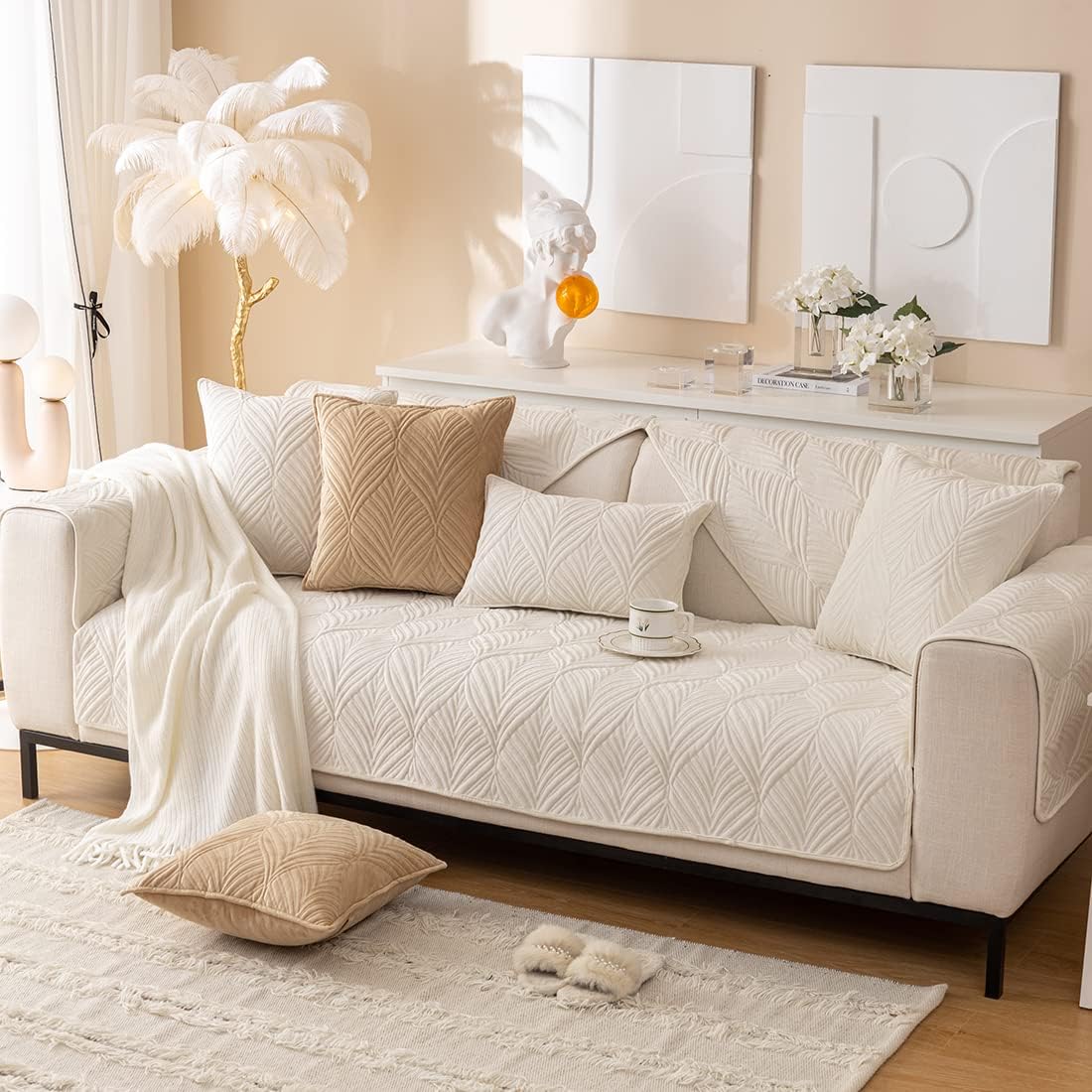 ANTI SKID PALM LEAVES QUILTED SOFA MAT - IVORY