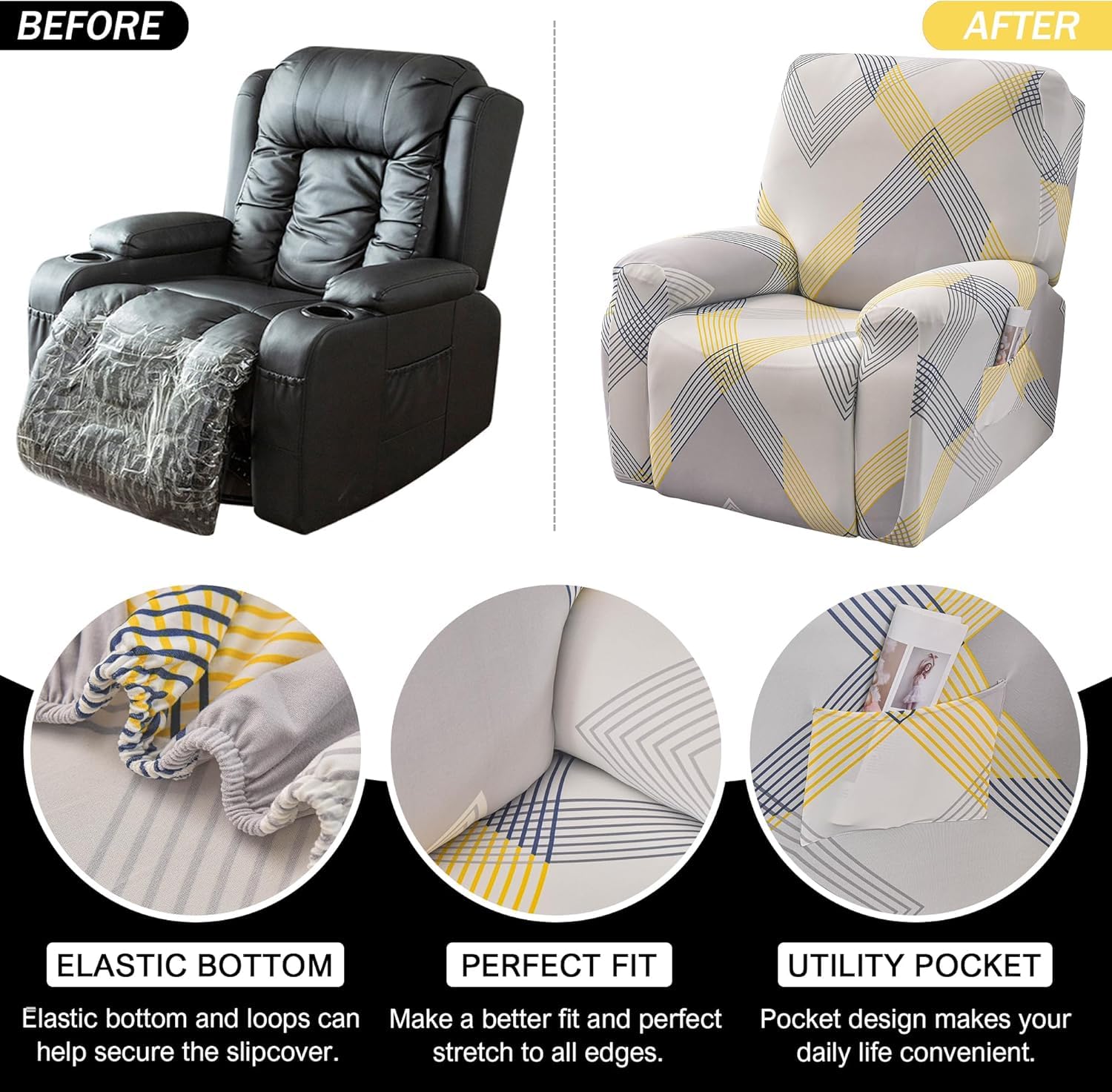 Premium Printed Recliner Sofa Cover : Yellow Curve