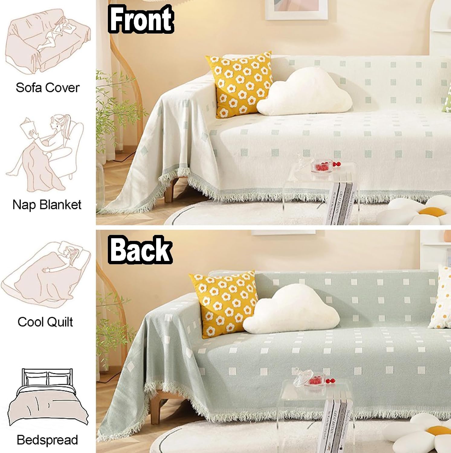 Premium Double Sided Chenille Sofa Covers - Green Mosaic