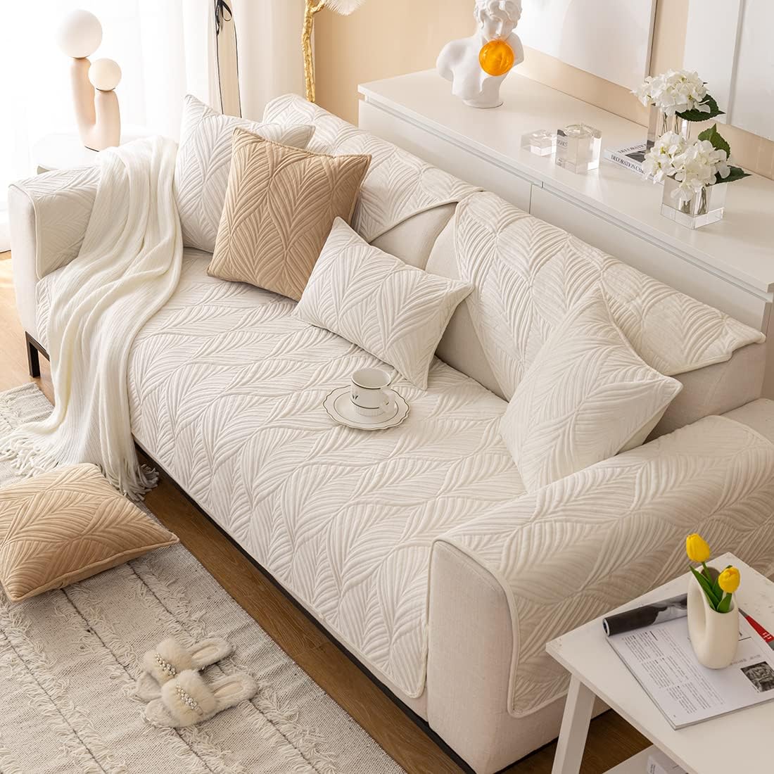 ANTI SKID PALM LEAVES QUILTED SOFA MAT - IVORY