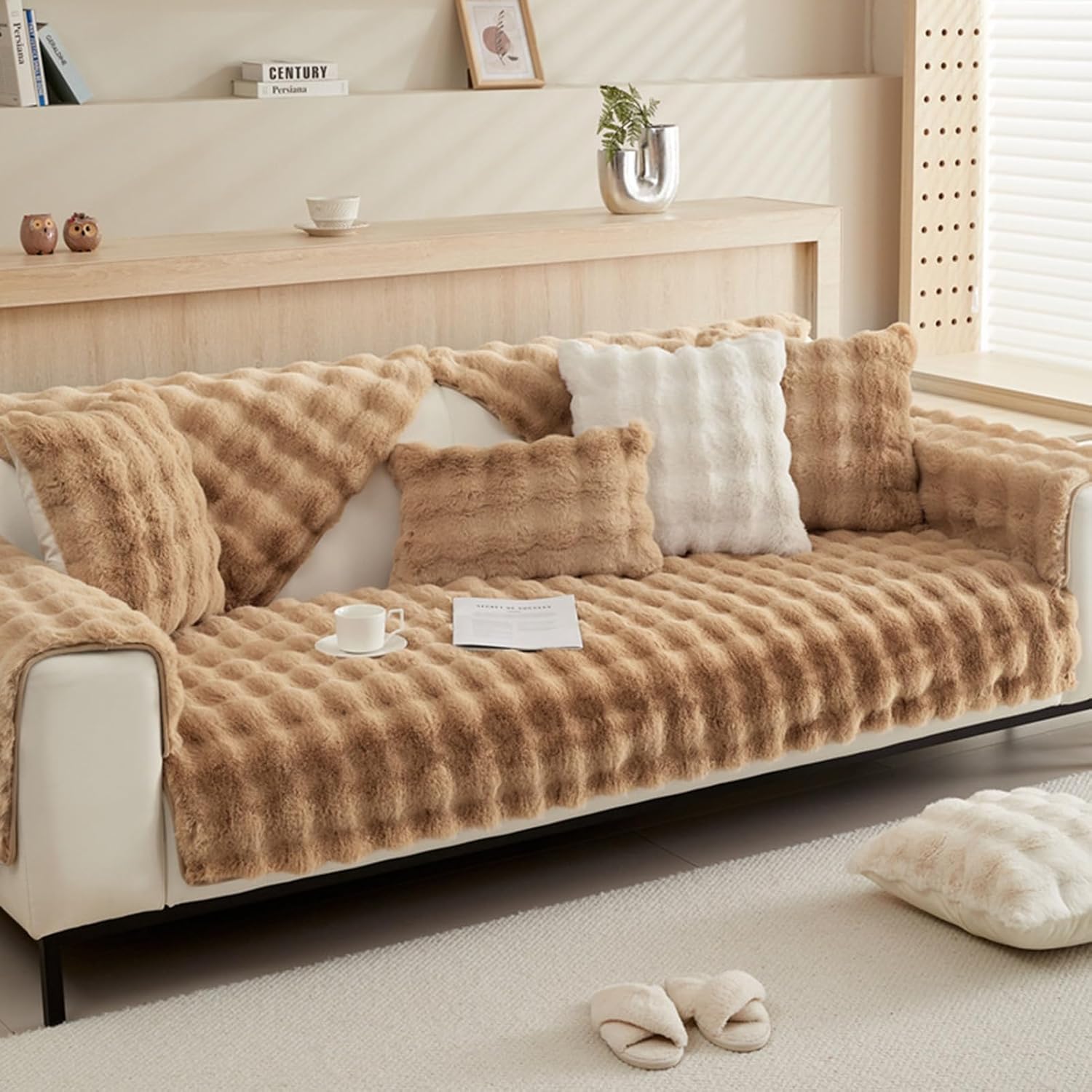 Plush Non Slip Sofa Mat - Camel Brown