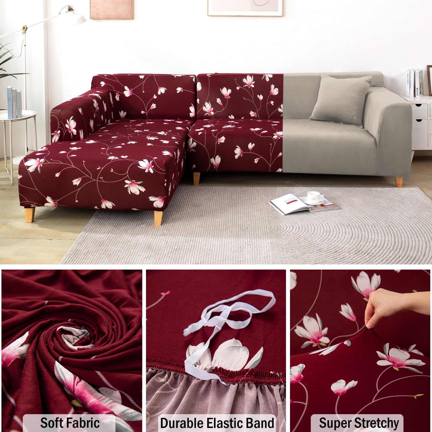 L Shape Sofa Cover - Floral Maroon