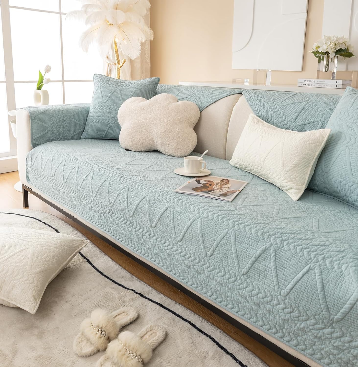 PREMIUM COTTON QUILTED SOFA MAT - POWDER BLUE