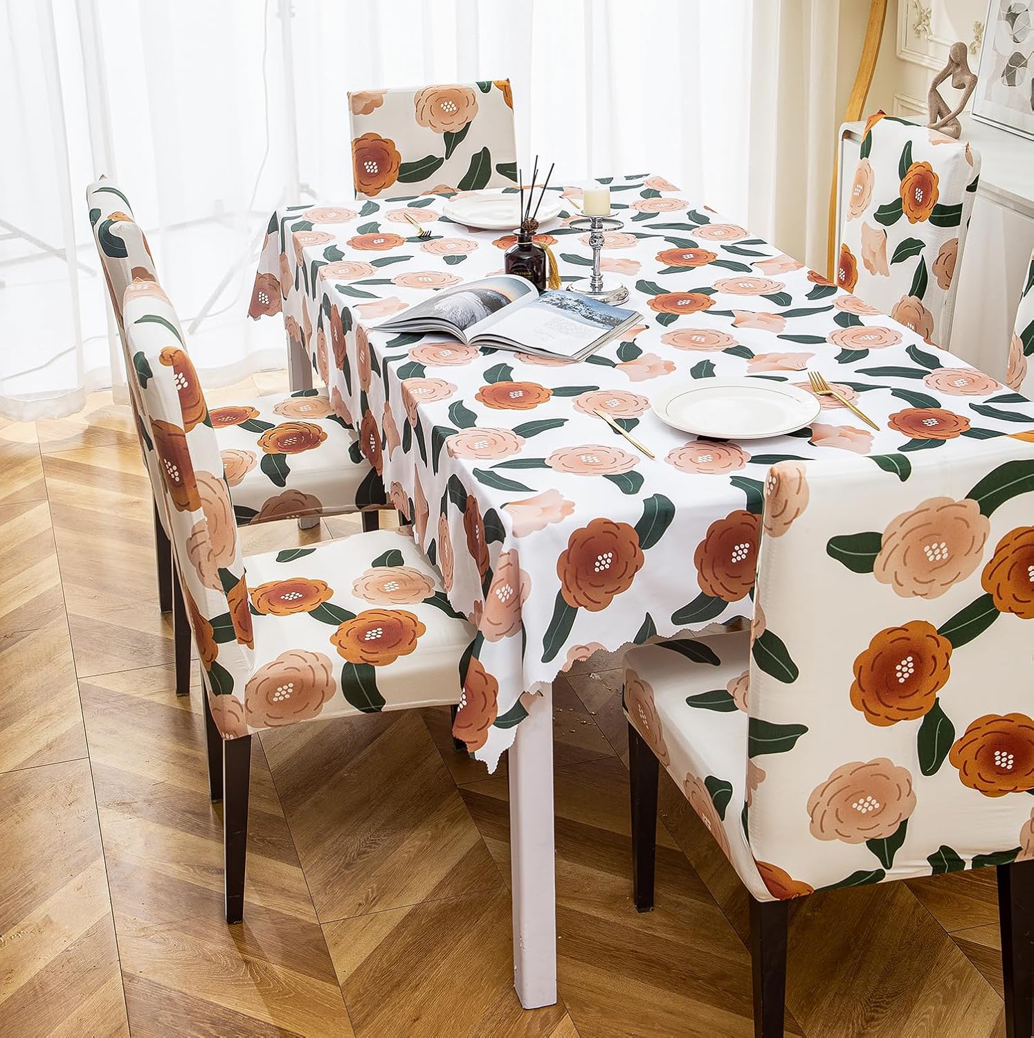 Premium Dining Table & Chair Cover Combo - White Brown Flower