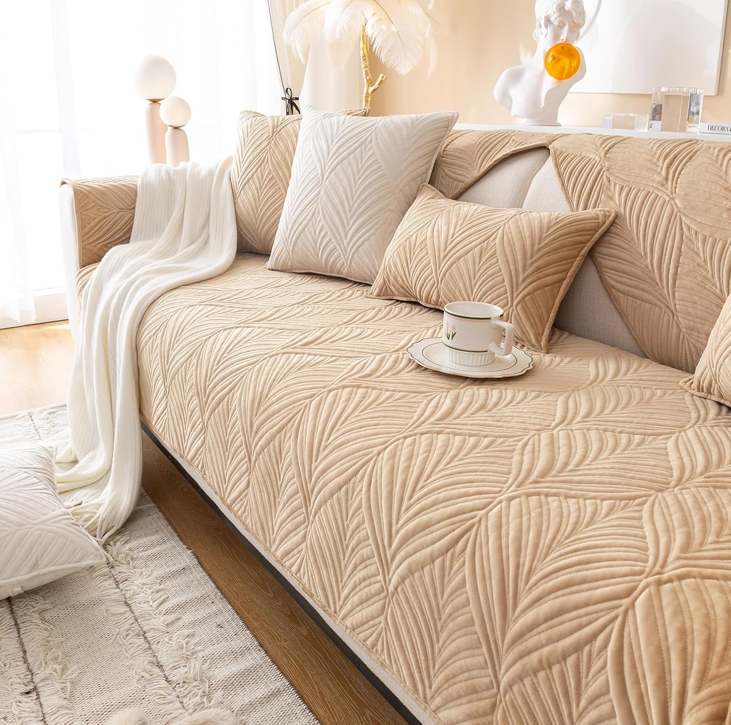 ANTI SKID PALM LEAVES QUILTED SOFA MAT - BEIGE