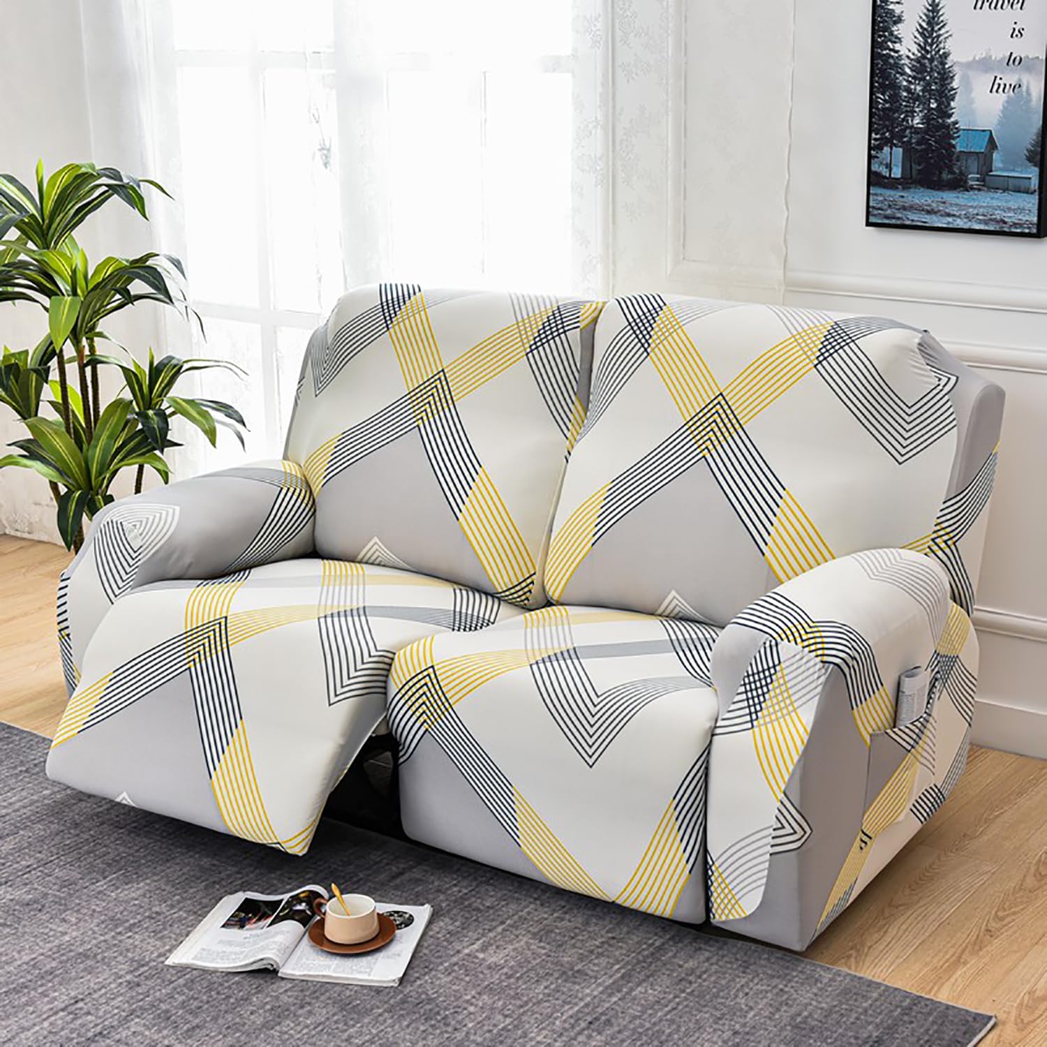 Premium Printed Recliner Sofa Cover : Yellow Curve
