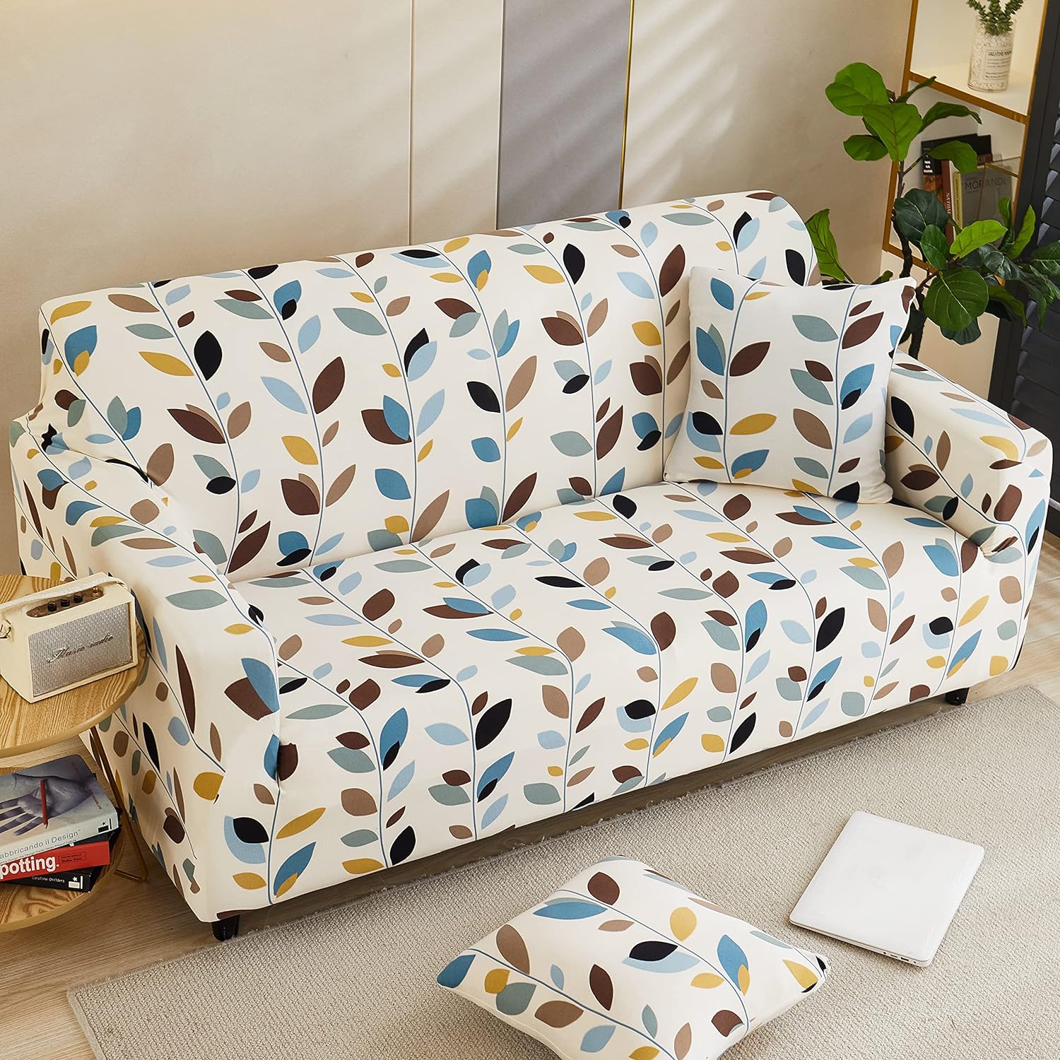 Trendize Exclusive Stretchable Sofa Cover - White Leaf