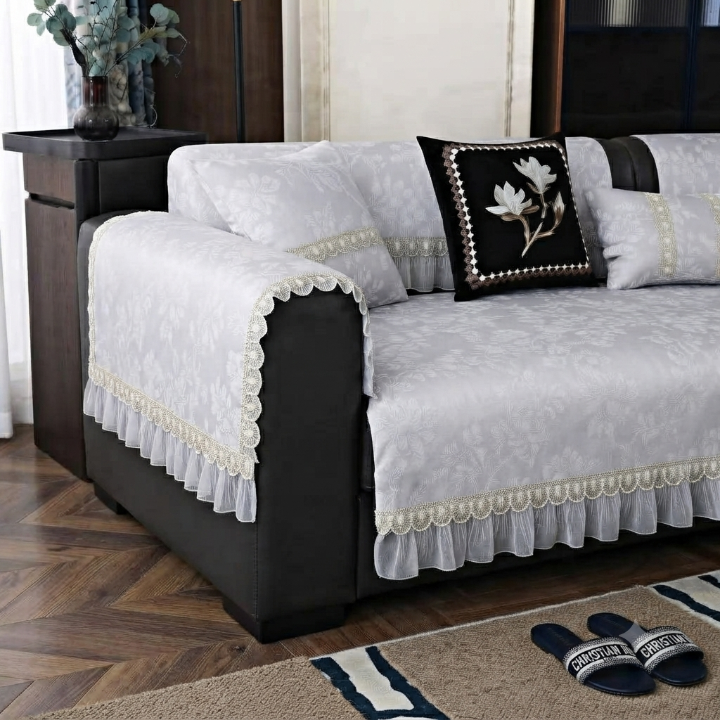 FLORAL ANTI SKID LACE SOFA MAT - FOG GREY