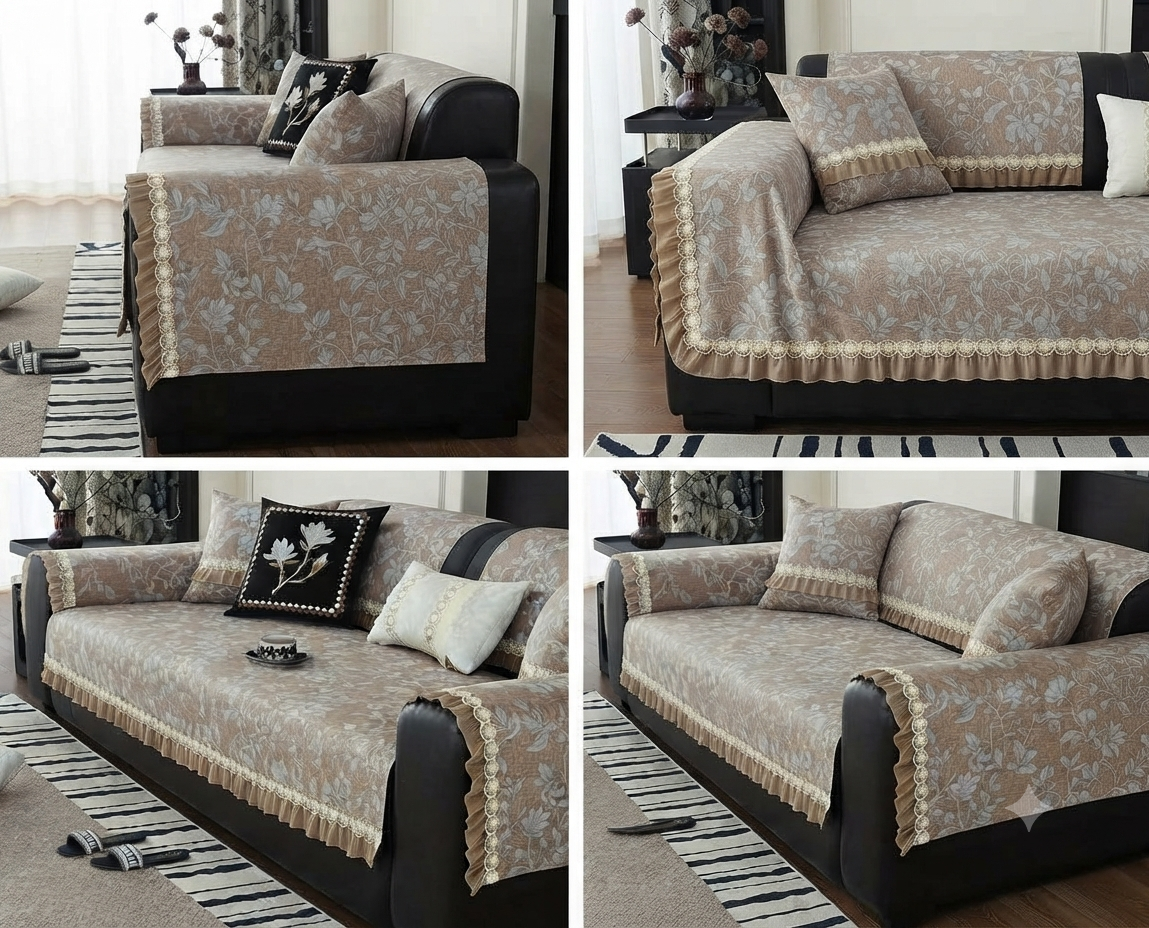 FLORAL ANTI SKID LACE SOFA MAT - ROASTED KHAKI