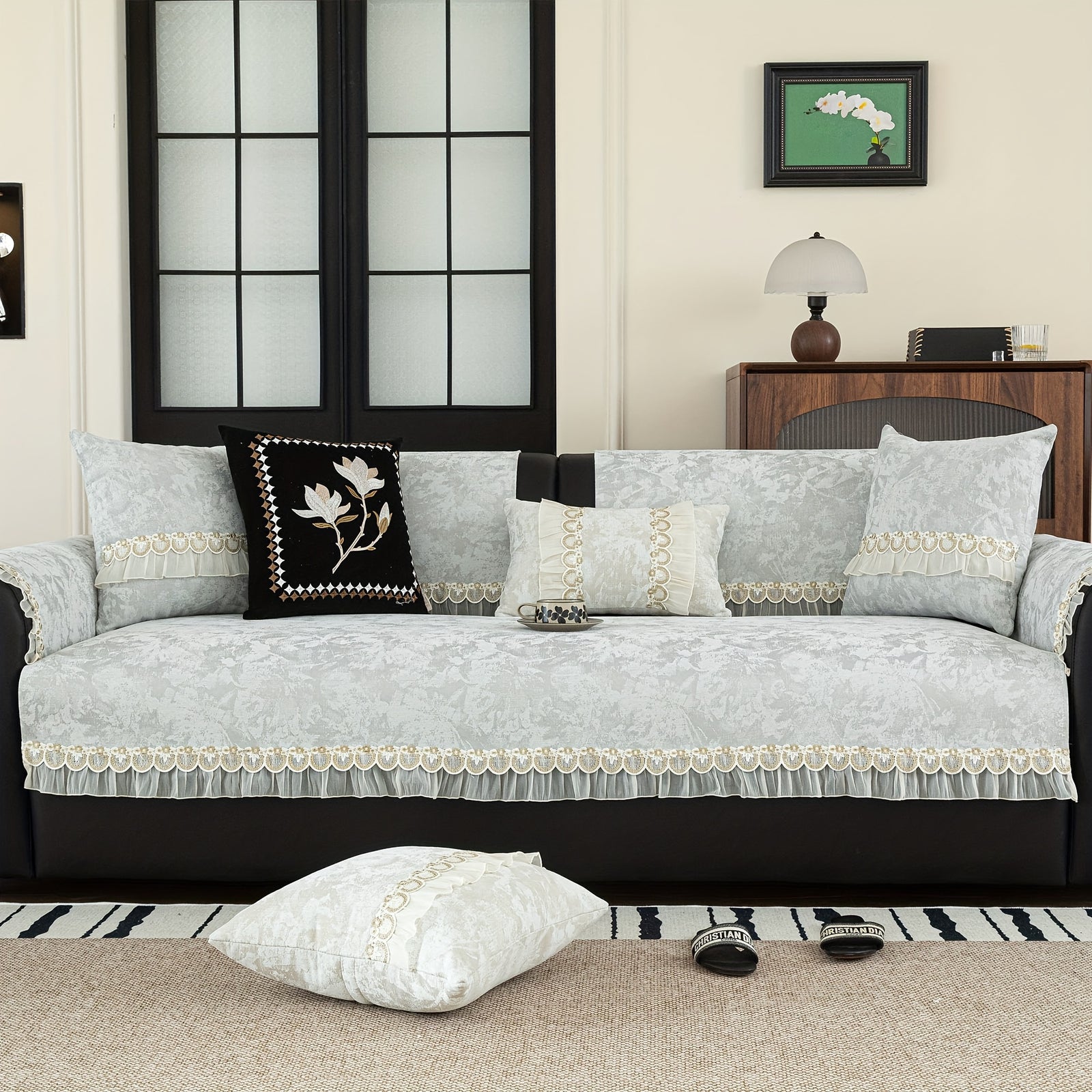 FLORAL ANTI SKID LACE SOFA MAT - CELADON GREEN
