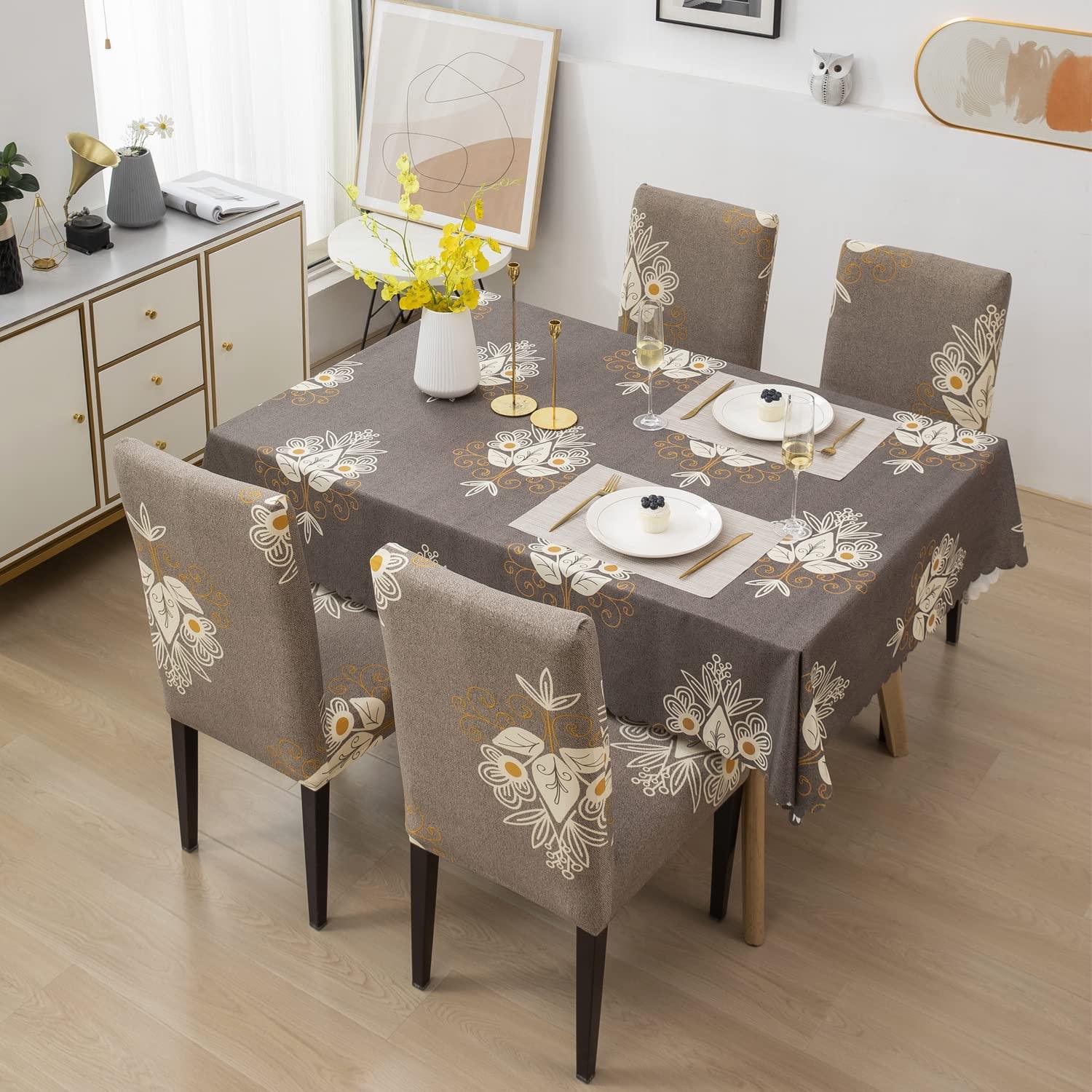 Premium Dining Table & Chair Cover Combo - Beige Brocade - Trendize