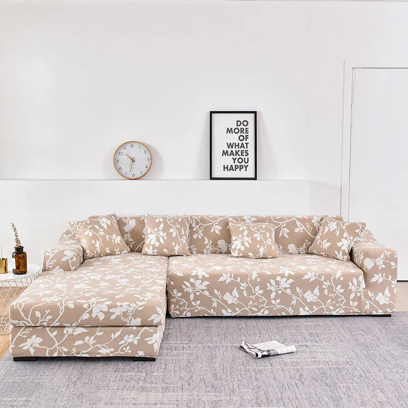 L Shape Sofa Cover - Leafy Beige