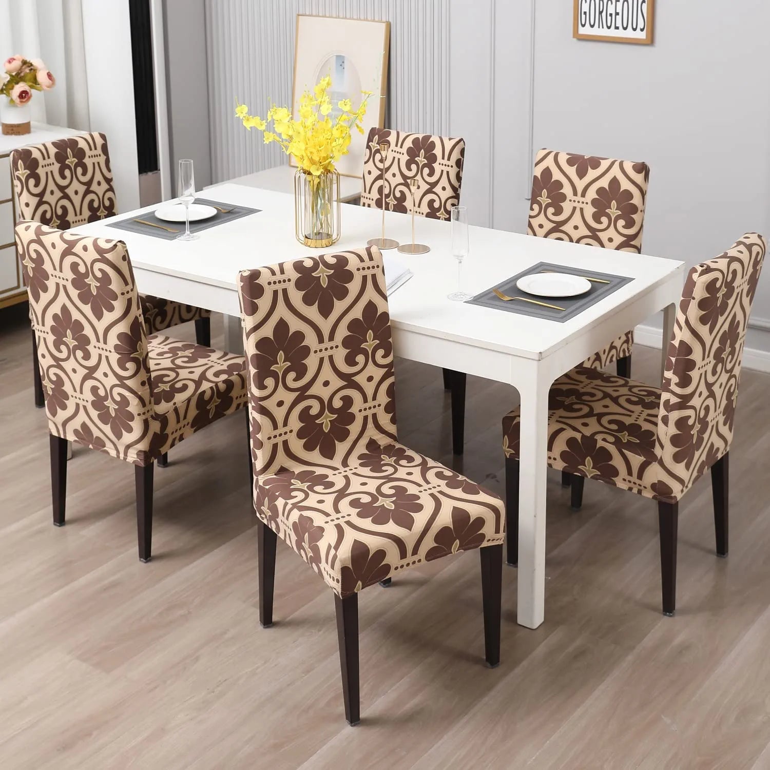 Stretchable Chair Covers, Cream Brocade
