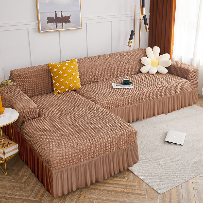 2026 L Shape Turkish Bubble Frill Sofa Covers : Light Brown