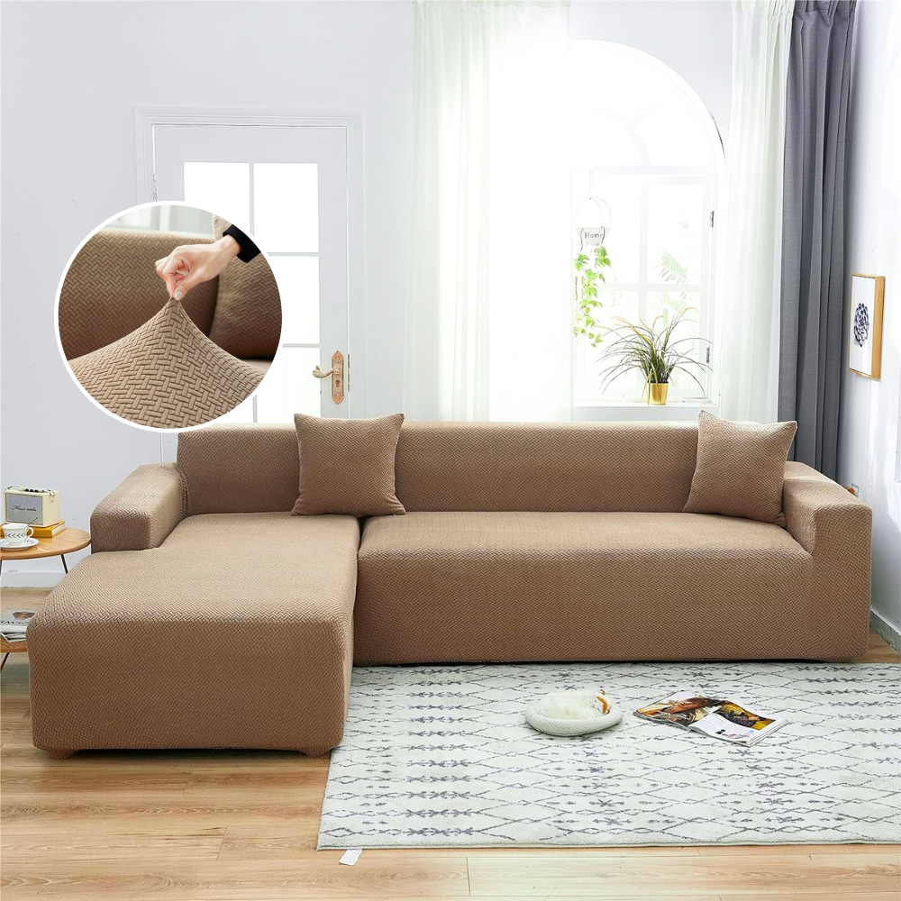 2026 L Shape Polar Fleece Sofa Cover : Khaki