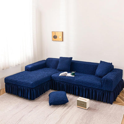 2024 L Shape Turkish Bubble Frill Sofa Covers : Navy