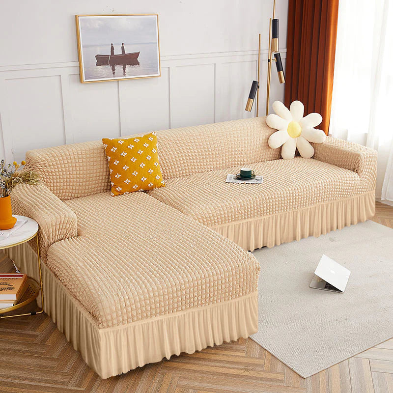 2024 L Shape Turkish Bubble Frill Sofa Covers : Beige