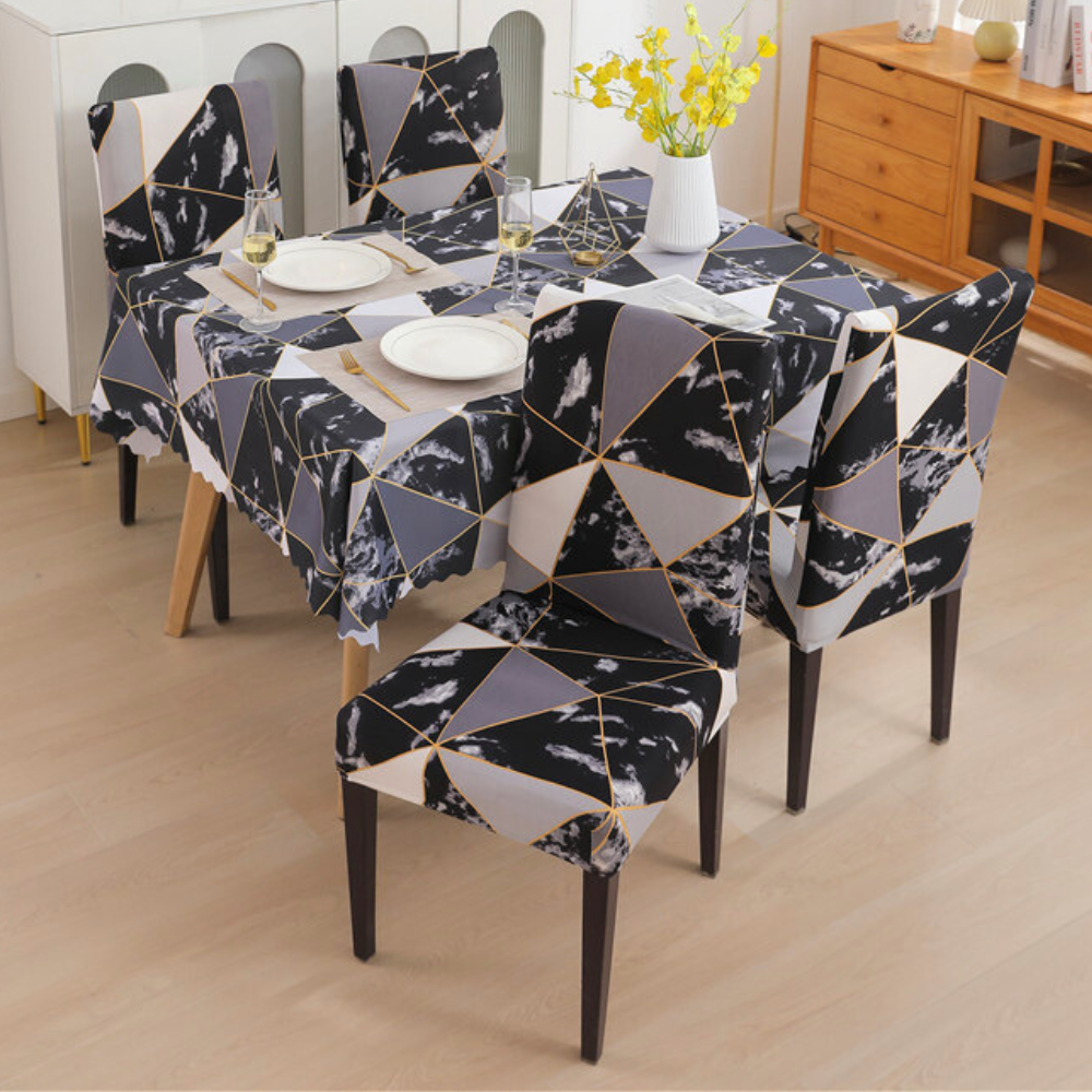 Premium Dining Table & Chair Cover Combo - Marble Black - Trendize