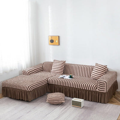 2025 L Shape Turkish Bubble Frill Sofa Covers : Beige Brown Stripe