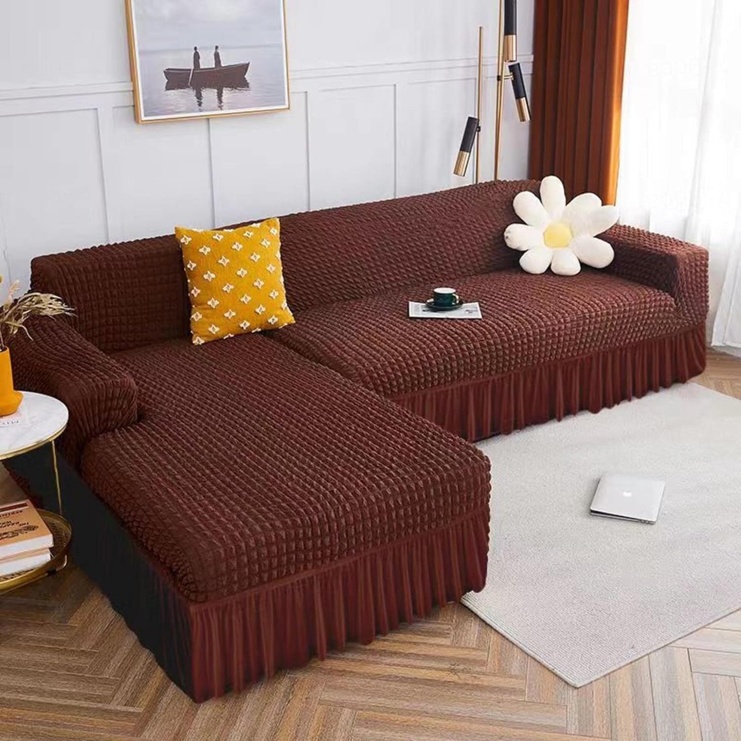 2024 L Shape Turkish Bubble Frill Sofa Covers : Brown