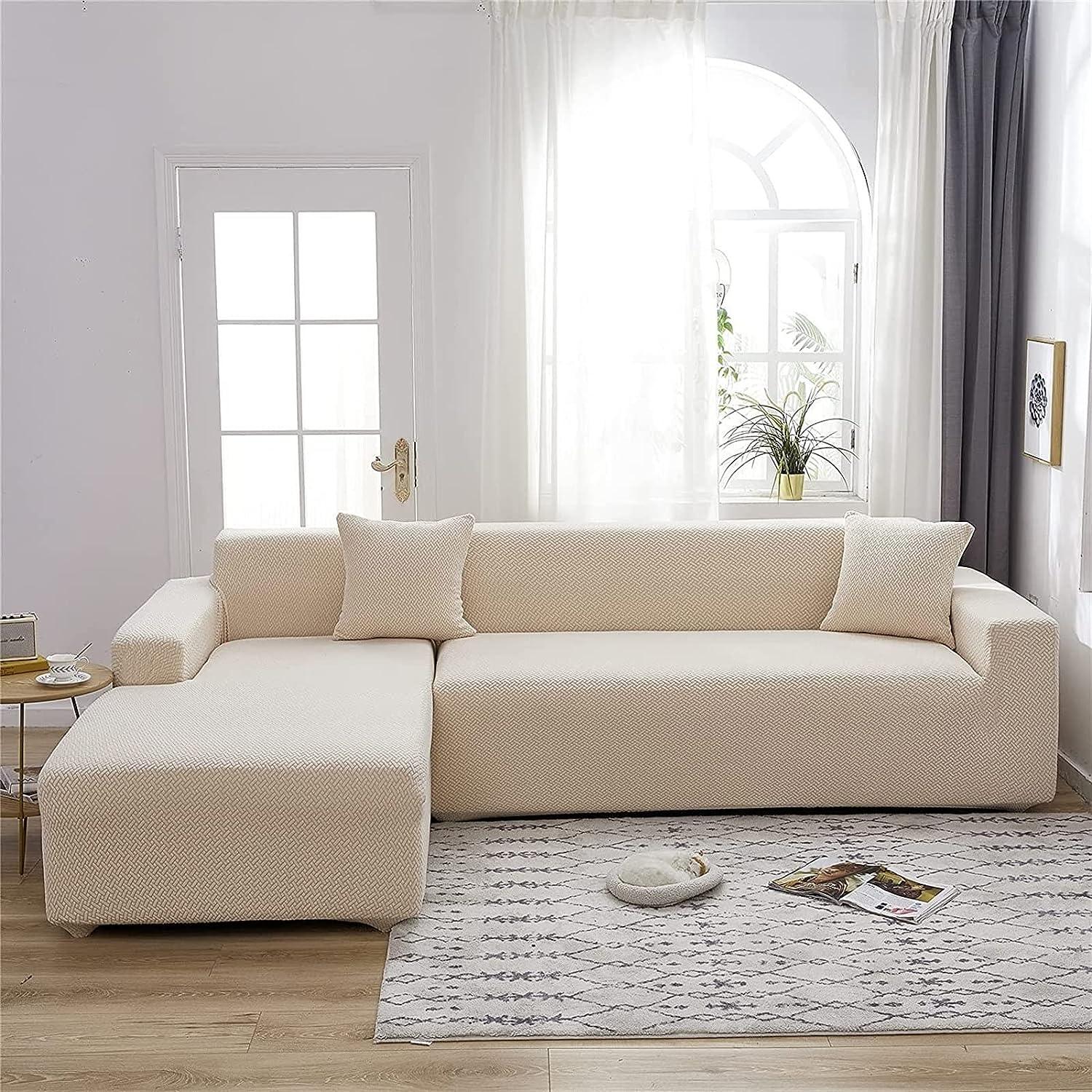 2026 L Shape Polar Fleece Sofa Cover : Cream