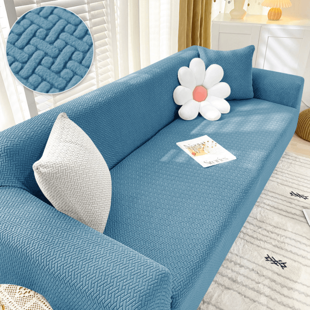 2026 L Shape Polar Fleece Sofa Cover : Sky Blue