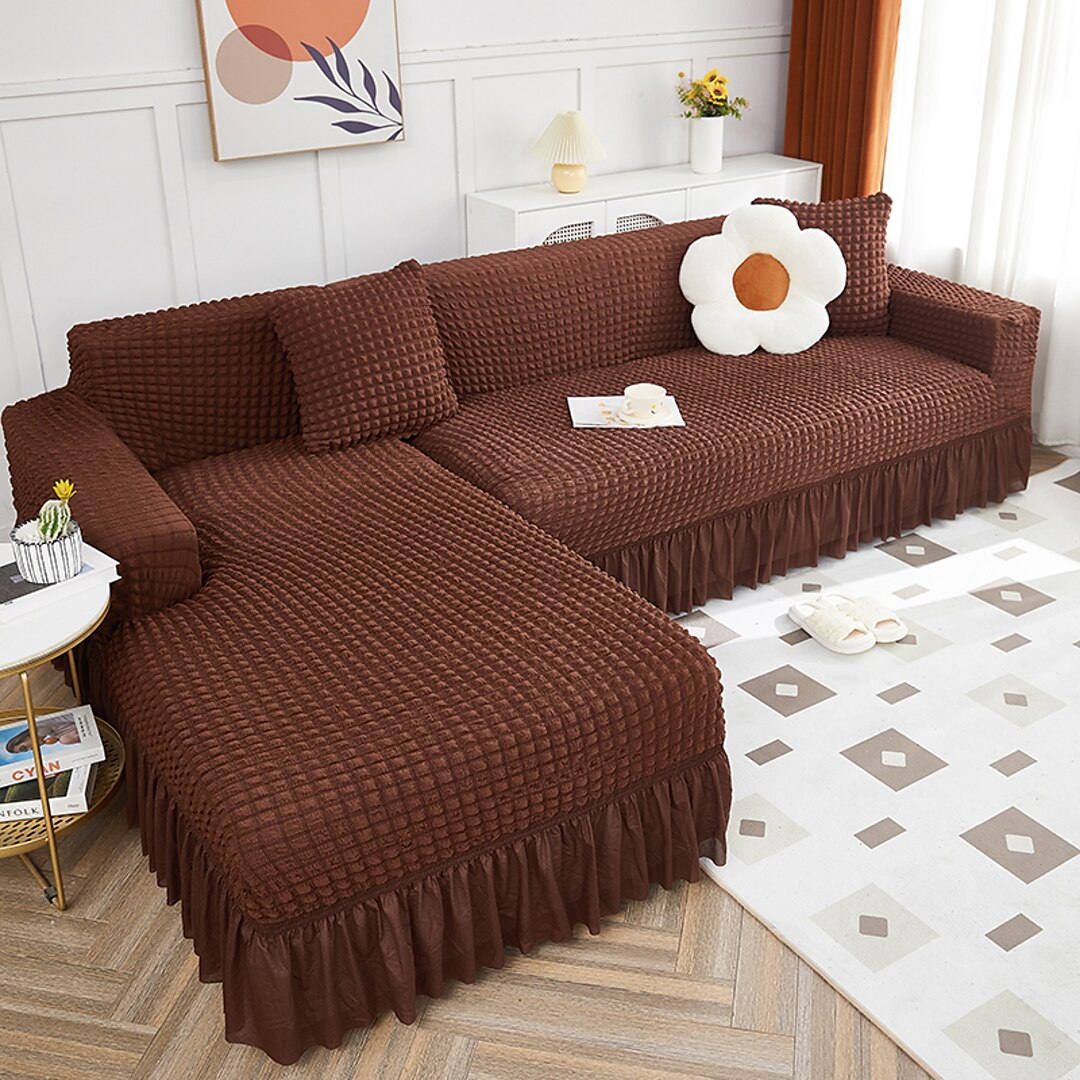 2024 L Shape Turkish Bubble Frill Sofa Covers Brown Trendize