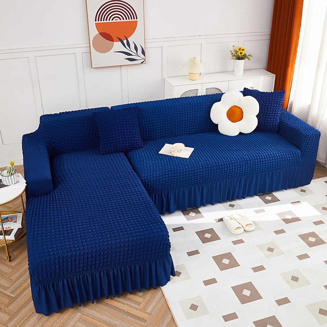 2026 L Shape Turkish Bubble Frill Sofa Covers : Navy