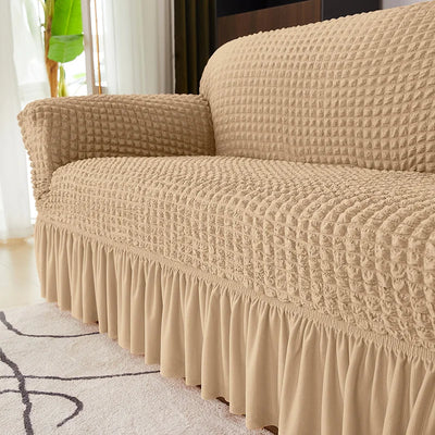 2024 L Shape Turkish Bubble Frill Sofa Covers : Beige