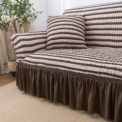 2024 L Shape Turkish Bubble Frill Sofa Covers : Beige Brown Stripe