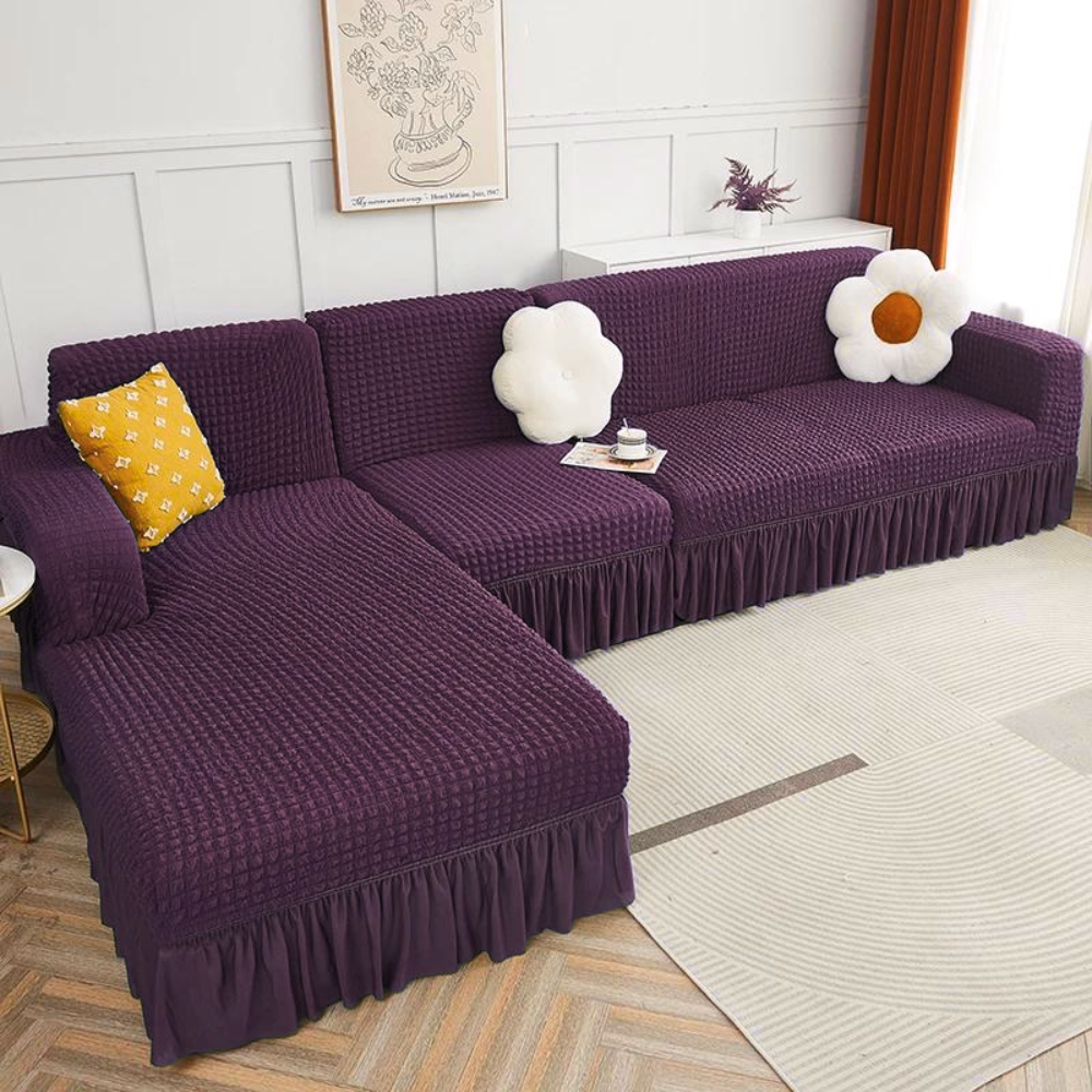 2026 L Shape Turkish Bubble Frill Sofa Covers : Wine