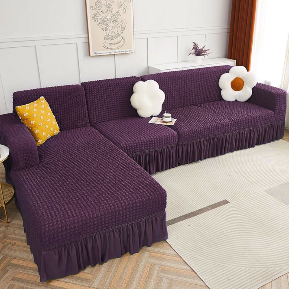 2024 L Shape Turkish Bubble Frill Sofa Covers : Wine