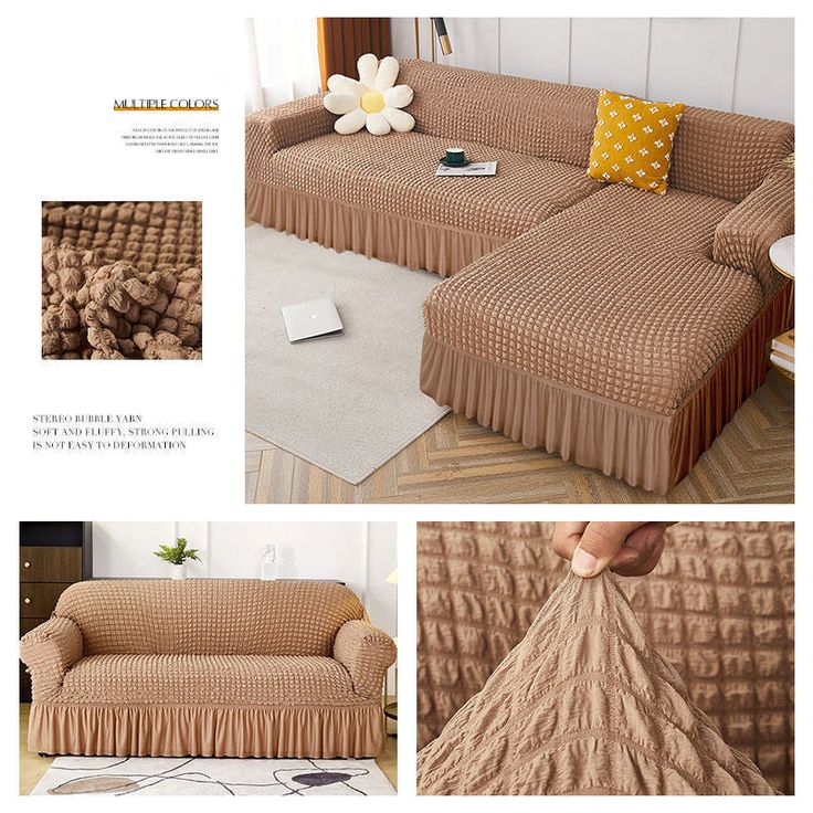 2026 L Shape Turkish Bubble Frill Sofa Covers : Light Brown