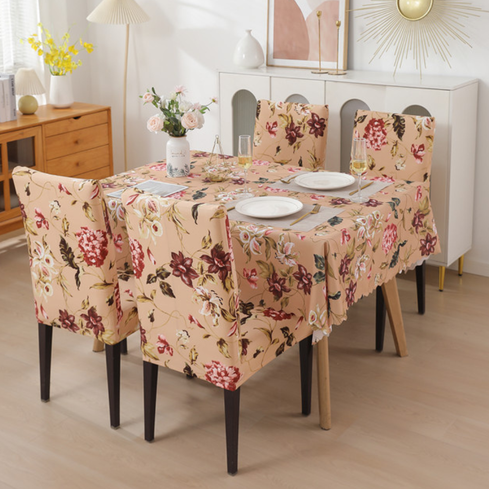 Premium Dining Table & Chair Cover Combo - Floral Beige