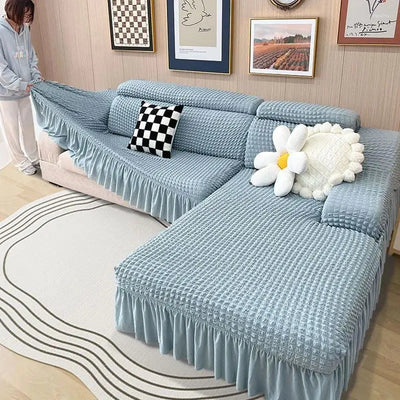 2026 L Shape Turkish Bubble Frill Sofa Covers : Powder Blue