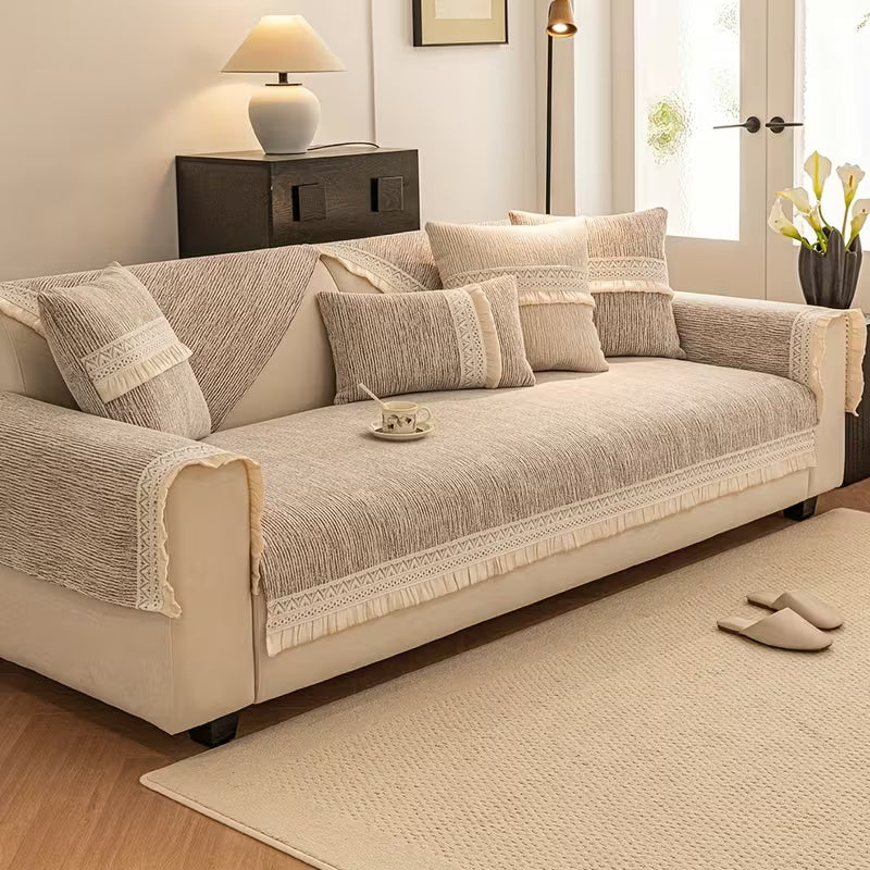 RUFFLE LACE ANTI SKID SOFA MAT - CARAMEL