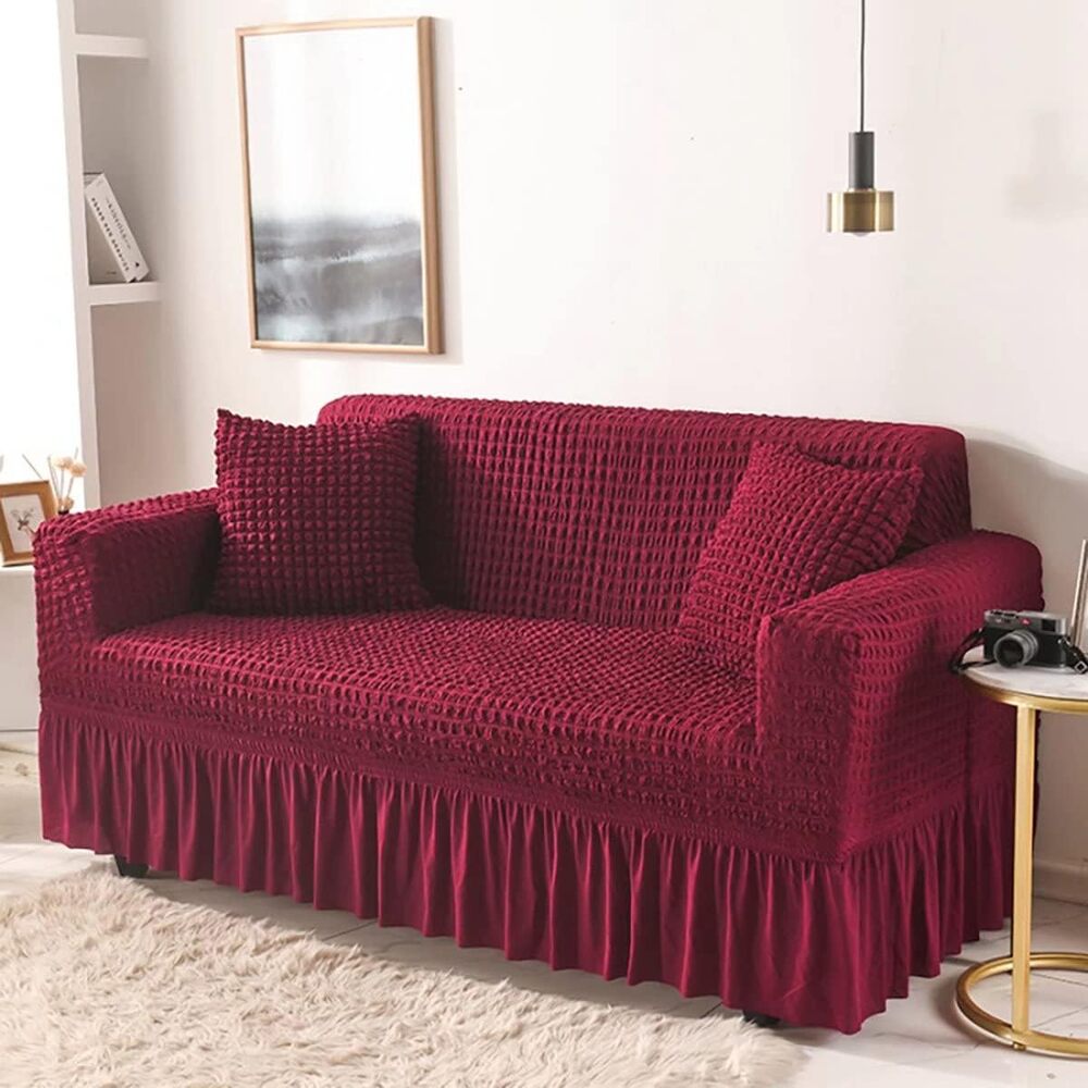 2023 Turkish Bubble Frill Sofa Covers : Maroon