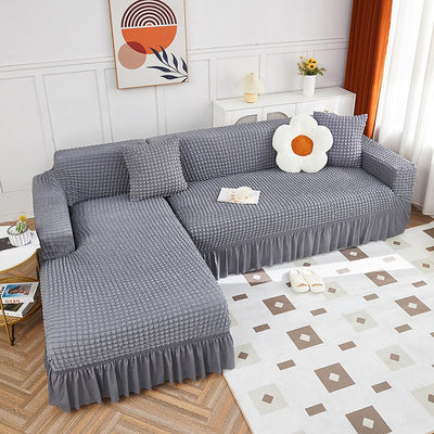 2026 L Shape Turkish Bubble Frill Sofa Covers : Light Grey