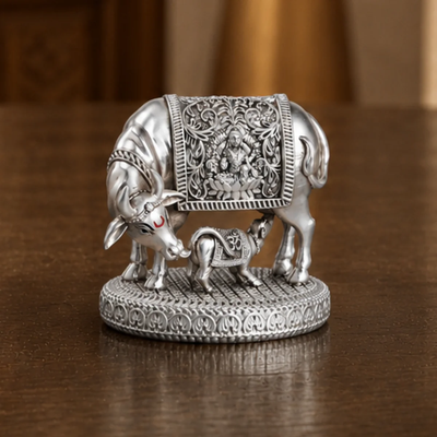 Silver plated Kamdhenu Cow with Calf Idol