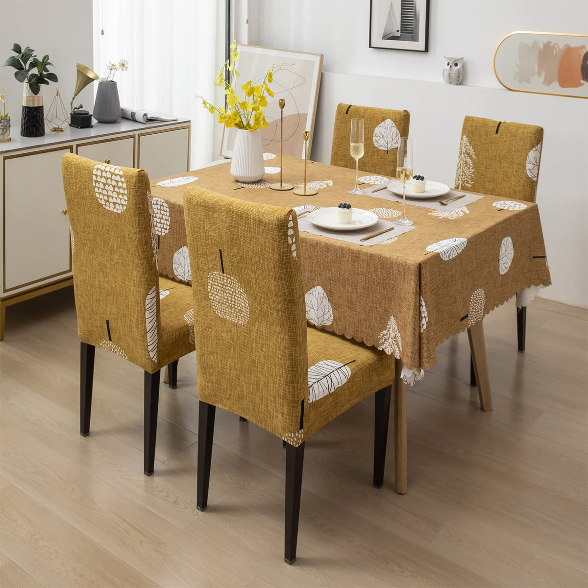 Premium Dining Table & Chair Cover Combo - Mustard Leaf