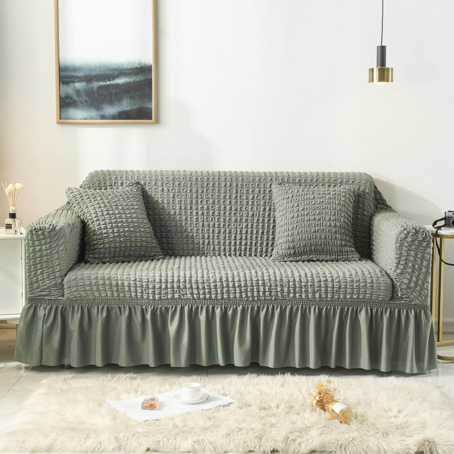 2026 Turkish Bubble Frill Sofa Covers : Sage Green