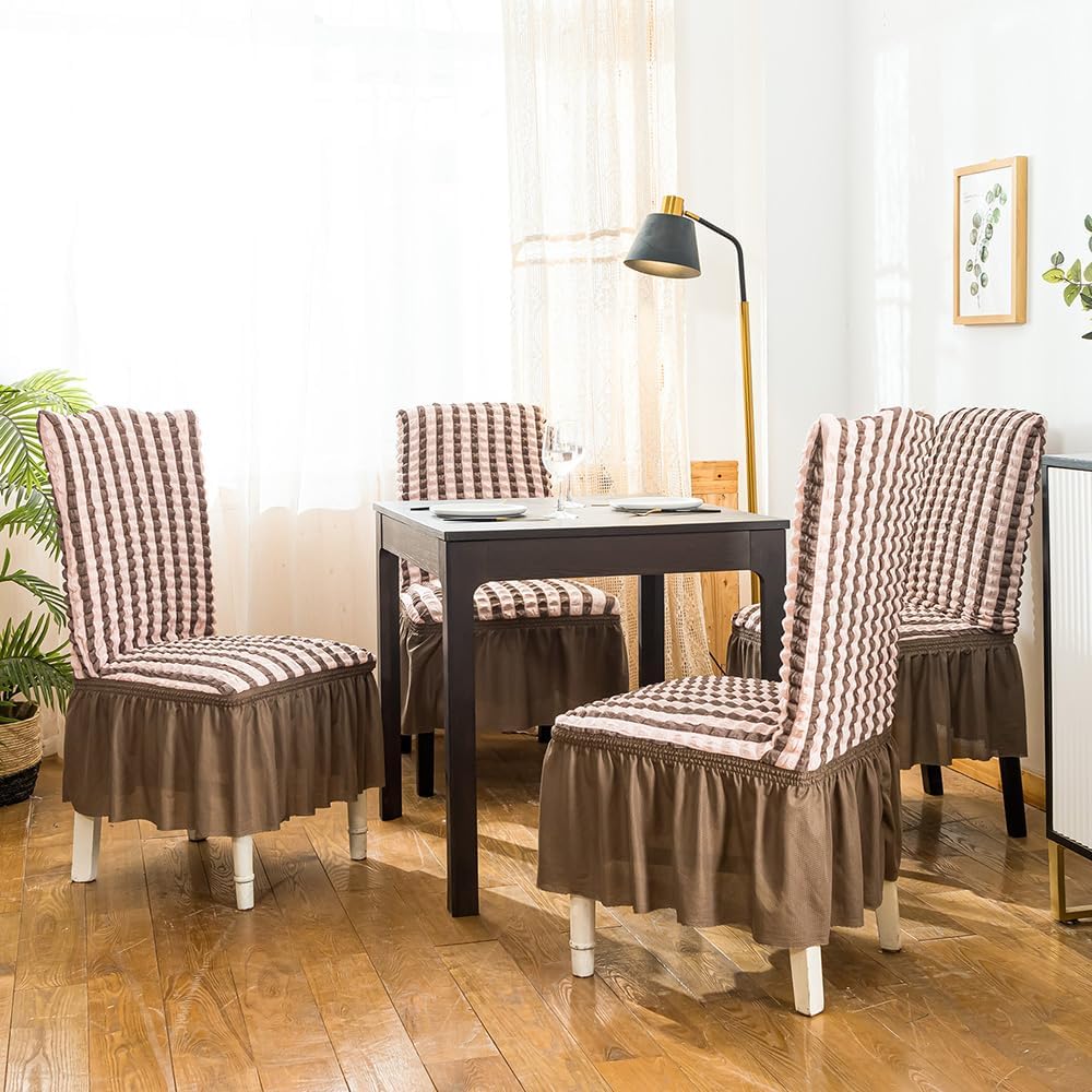 2026 Turkish Bubble Frill Chair Covers : Beige Brown Stripe