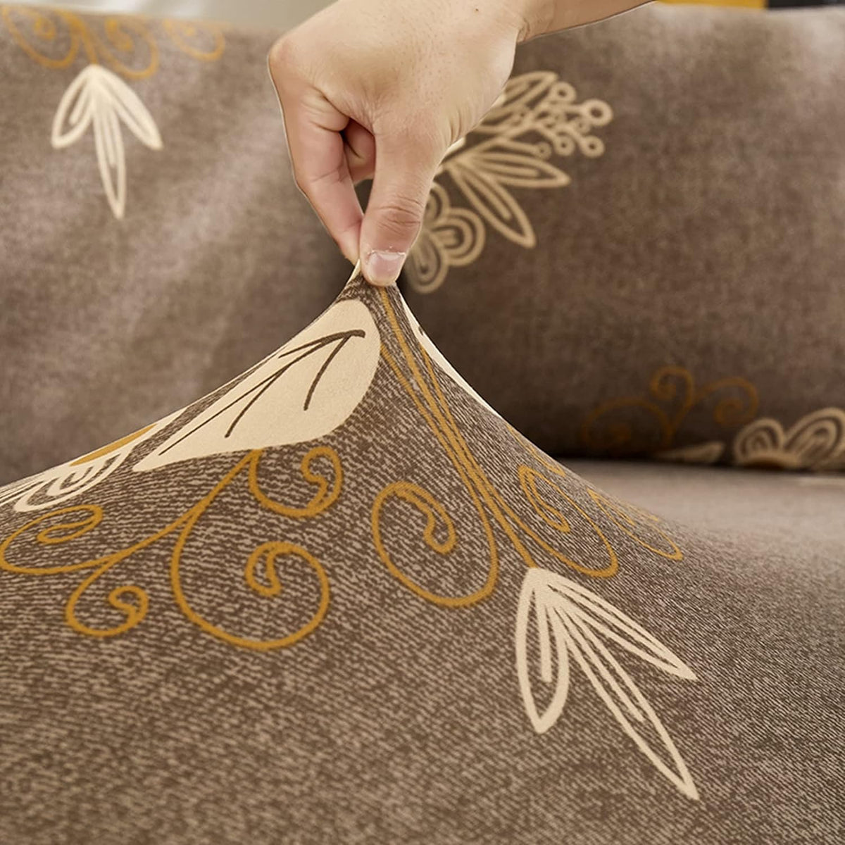 L Shape Sofa Cover - Beige Brocade