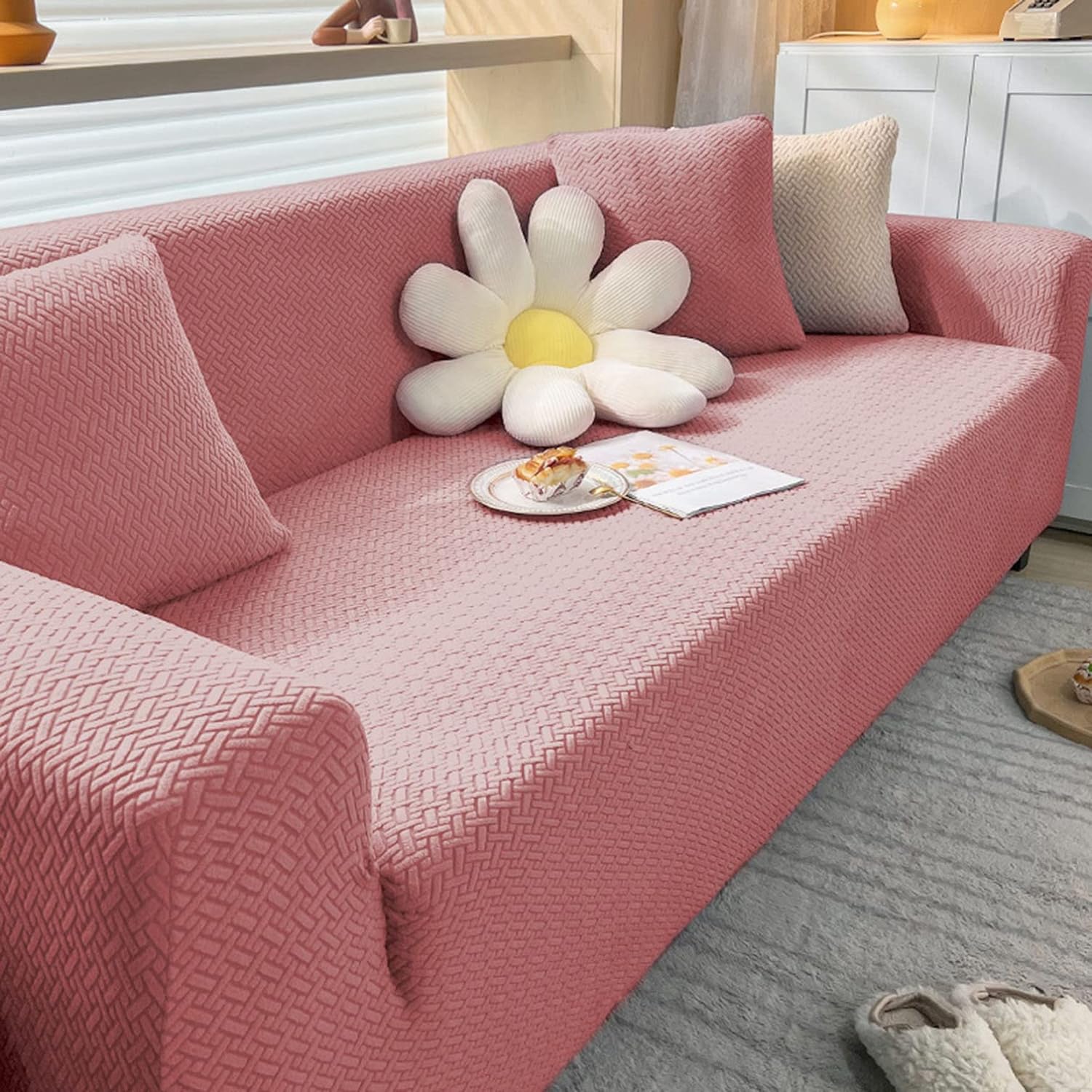 2026 L Shape Polar Fleece Sofa Cover : Pastel Pink